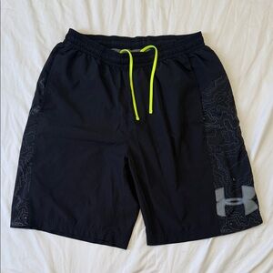 Under Armour Men's Black Shorts with Neon Yellow Drawstring